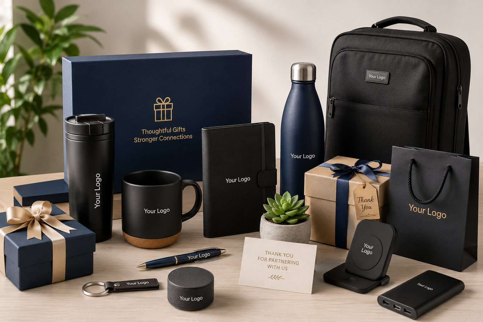 Curated corporate gifting hamper featuring premium branded merchandise, mugs, bottles, notebooks, backpack and gift boxes
