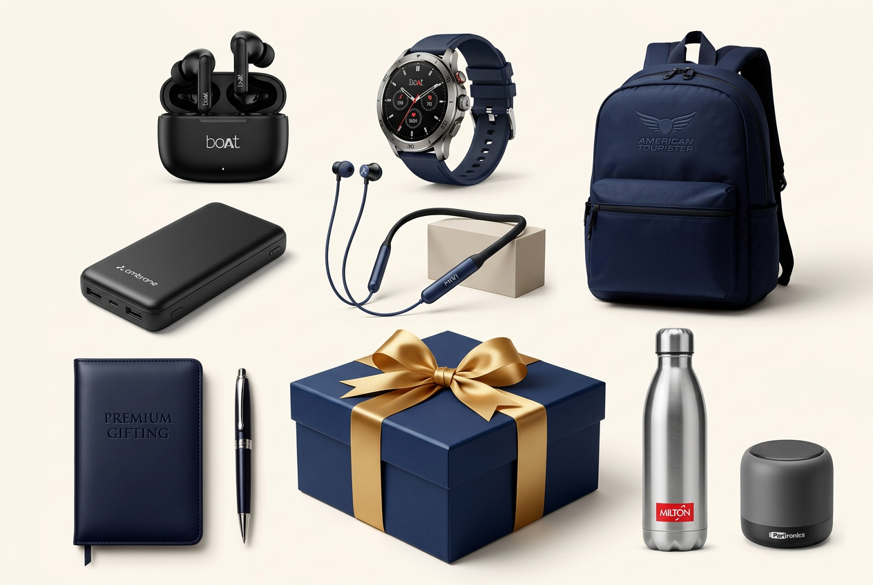 Premium corporate gifting collage featuring electronics, leather diary, branded backpack and gift box